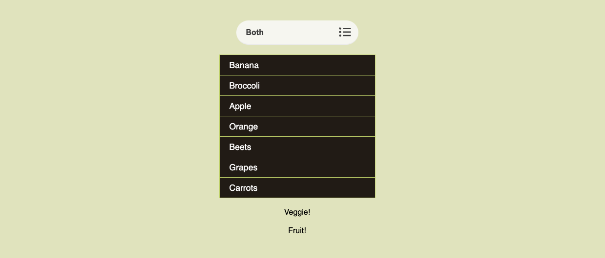 Select with below a list that contains fruit and vegetable names