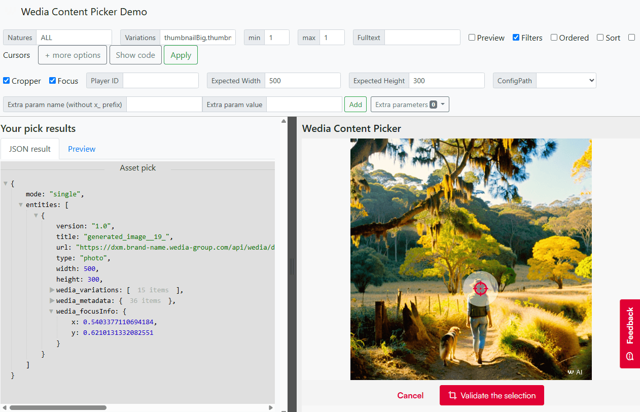 The supplied Wedia Content Picker sandbox which can be used to preview how JSON will be received by the CMS upon selecting an asset
