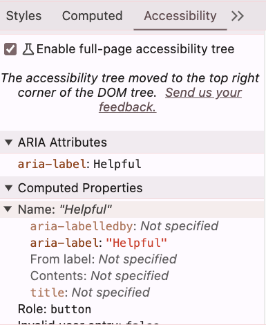 DevTools Example showing the order of information: aria-labelledby, aria-label, alt / title, label / fieldset, content iself