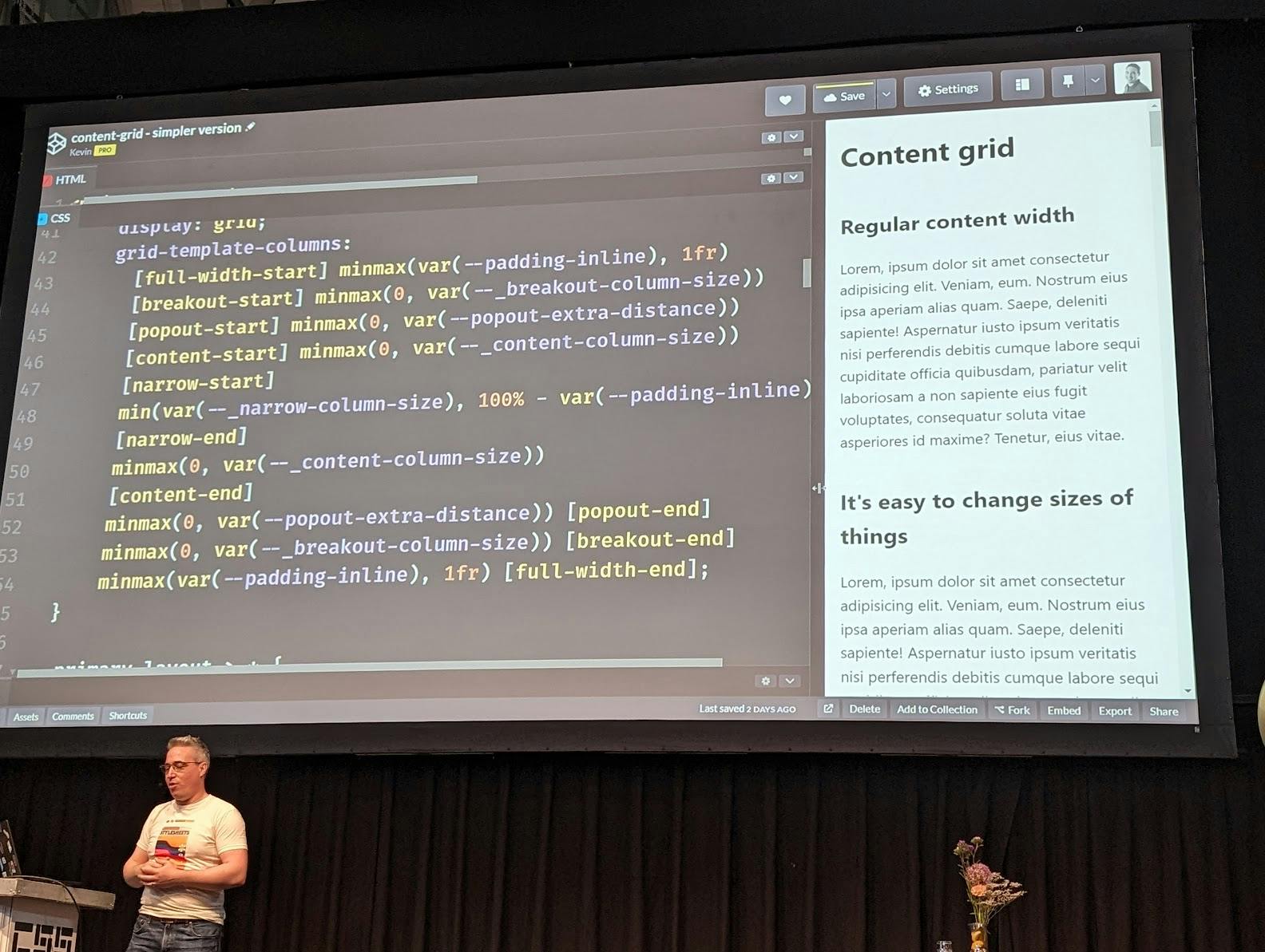 Kevin Powell showing some over-engineered grid-template-columns in CSS on a slide