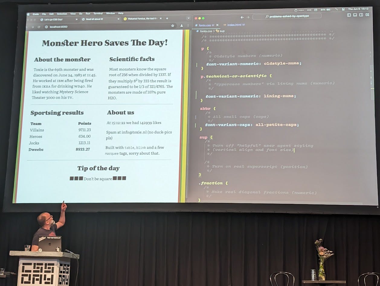Roel Nieskens live coding some fonts on stage, a typographic newspaper like website is on the screen with font related code next to it