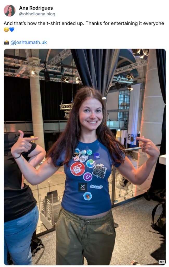 Tweet by Ana Rodrigues showing her t-shirt covered in conference stickers at CSS Day 2026
