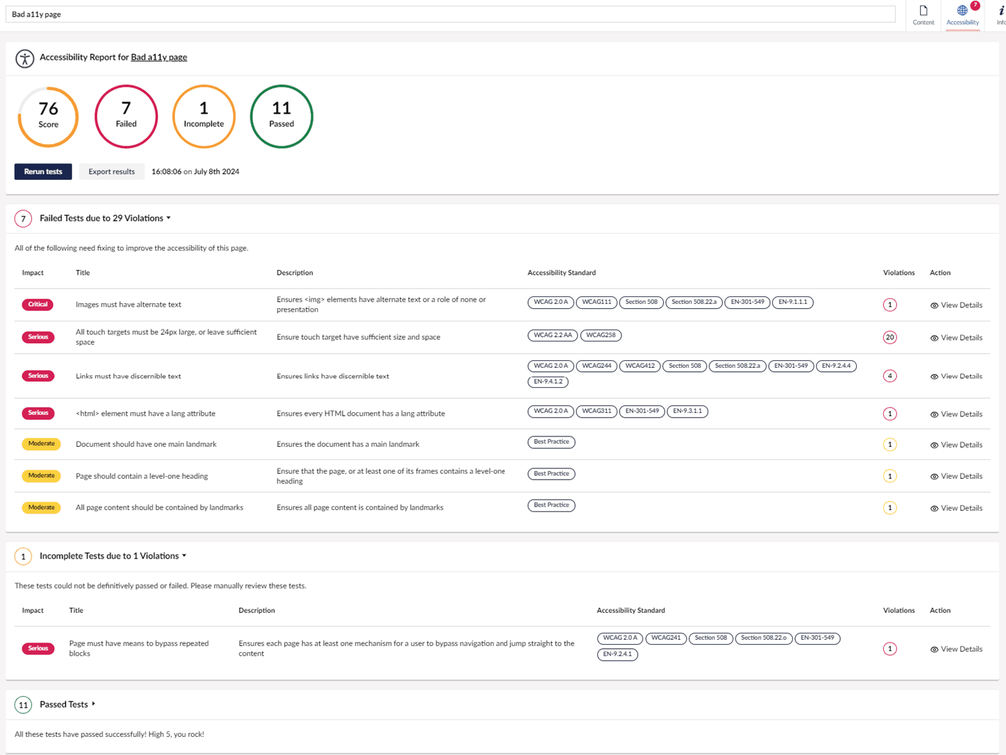 An page where more detail is shown of the error's from the test on a specific tested page