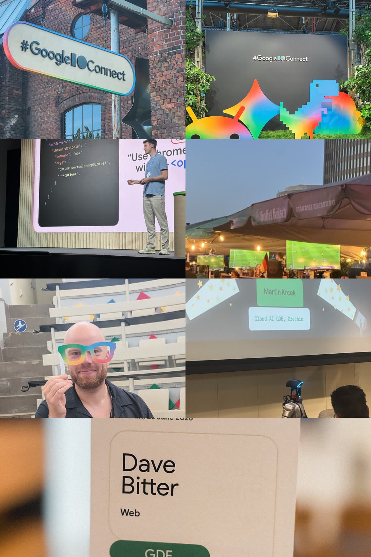 Collage from Google I/O Connect Berlin and the GDE Europe Summit: the event sign, venue mascots, the chrome-devtools-mcp talk, a beer garden during Ecuador vs. Germany, I/O glasses, a humanoid robot demo, and a GDE badge