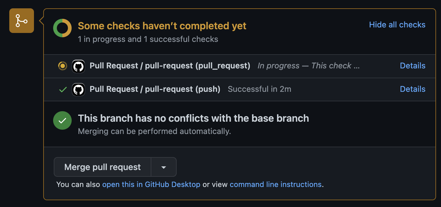 Screenshot of pull request overview where you can see the actions being required to merge