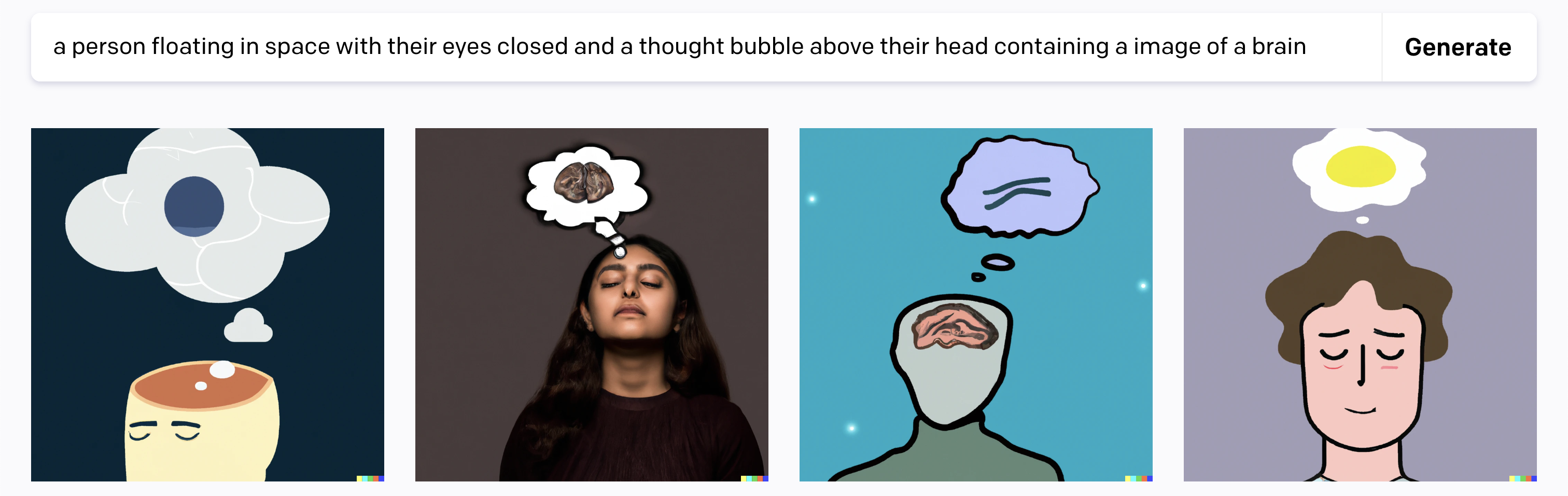 a person floating in space with their eyes closed and a thought bubble above their head containing a image of a brain