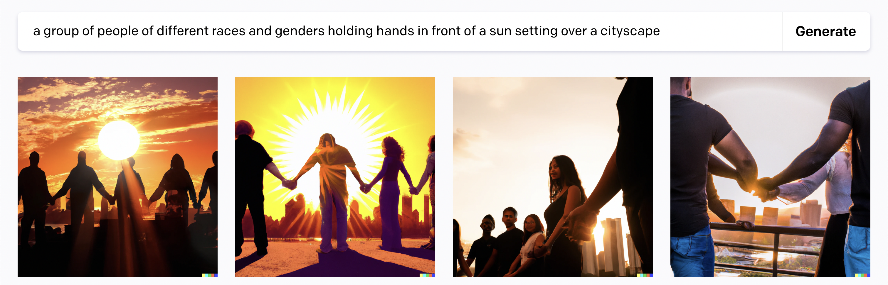 a group of people of different races and genders holding hands in front of a sun setting over a cityscape