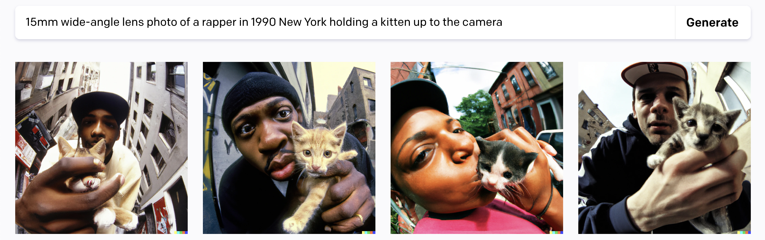 15mm wide-angle lens photo of a rapper in 1990 New York holding a kitten up to the camera