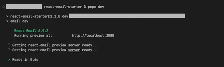 Terminal output of the React Email dev command starting the local preview server