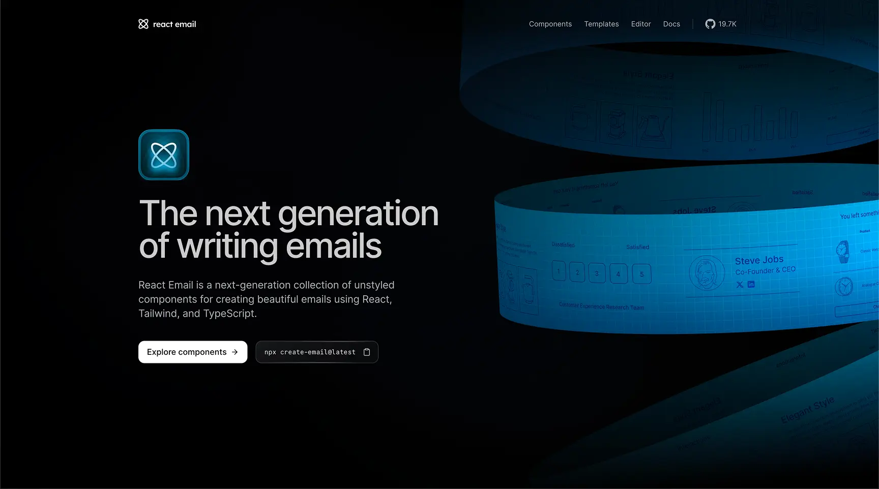 The React Email library homepage showing its component-based approach to email development
