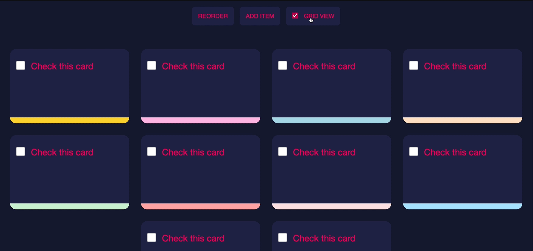 Screen recording showing the grid of cards toggle between grid and table view and immediately snap into place