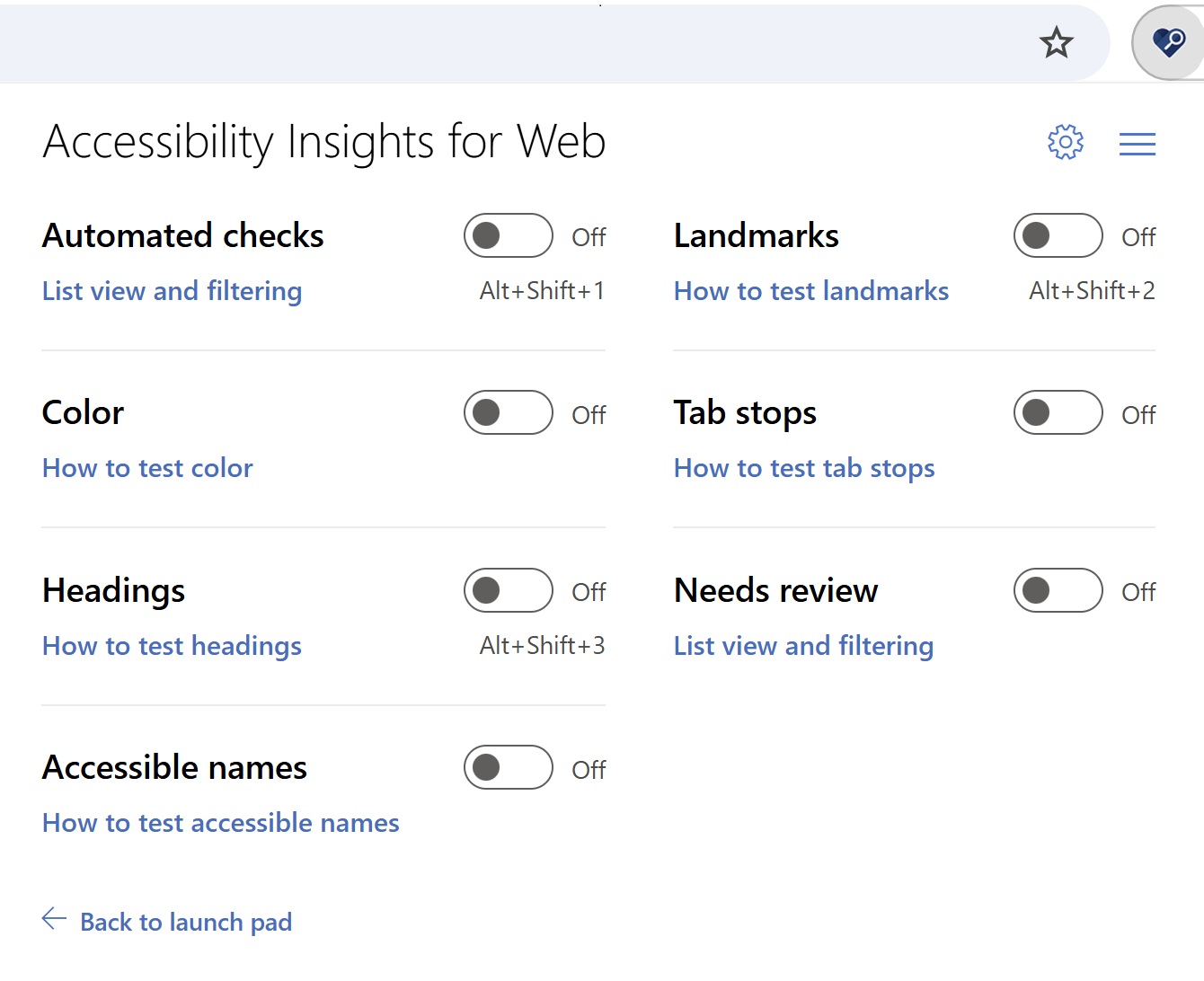 Accessibility Insights - Options and settings