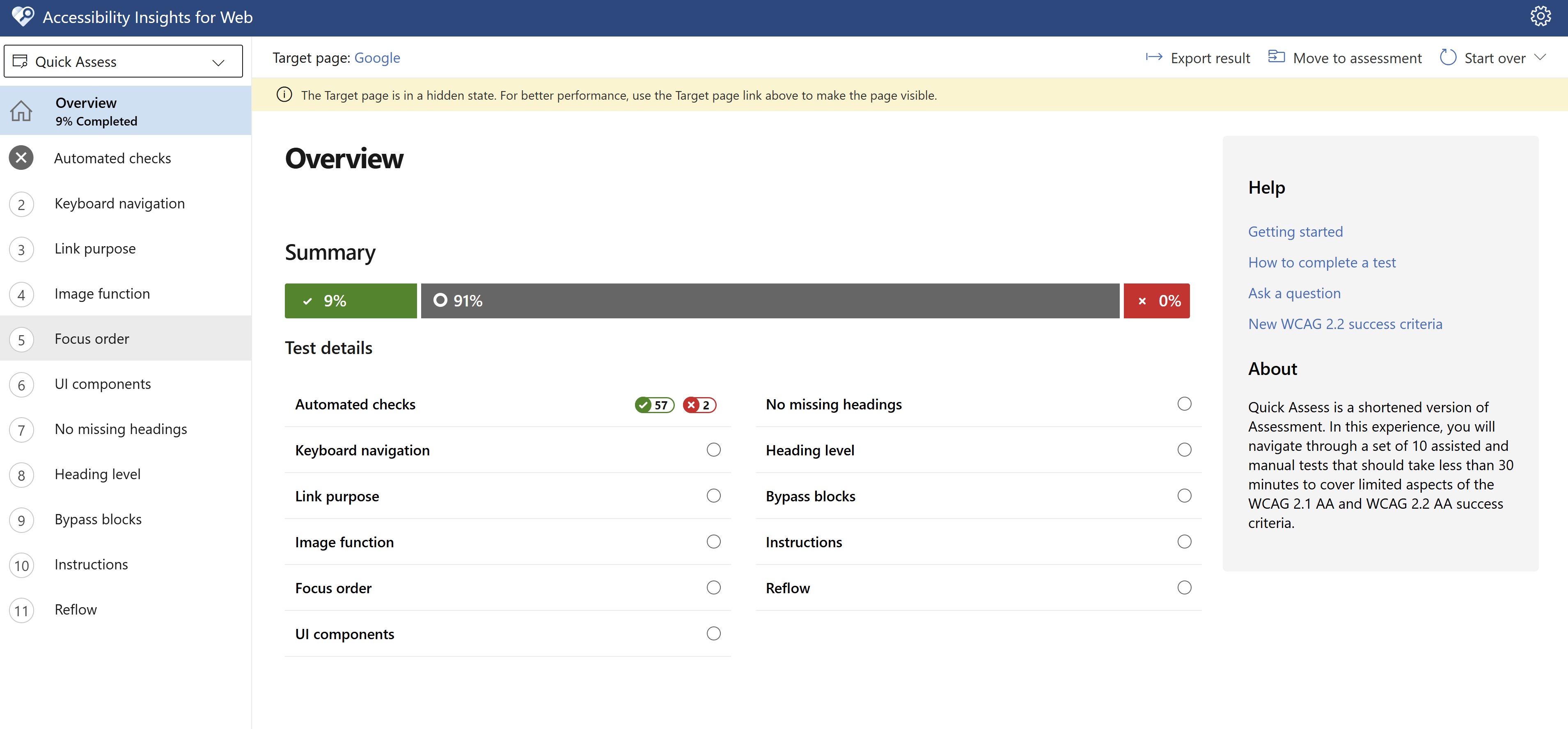 Accessibility Insights - Quick assessment page