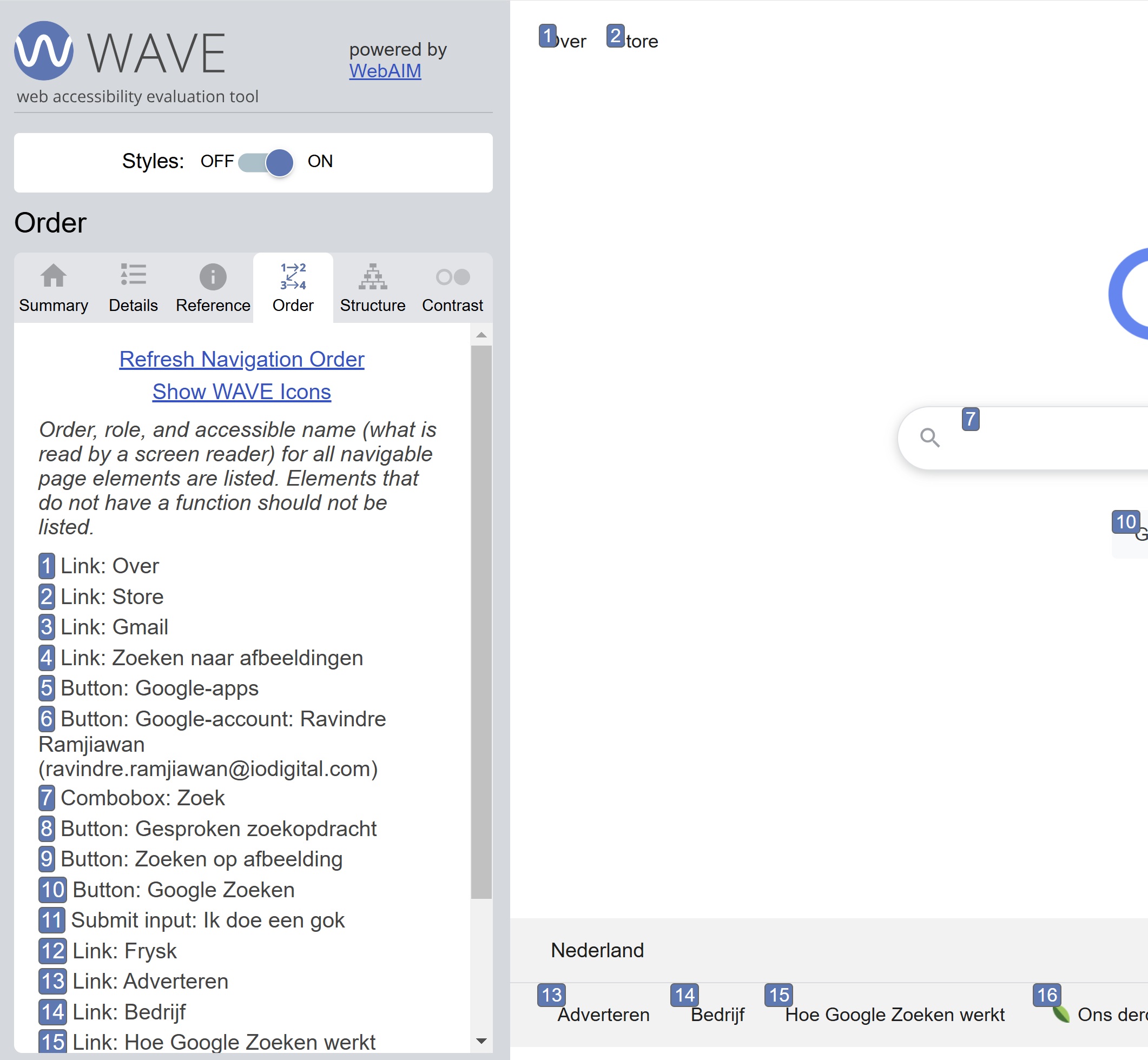 WAVE Devtools - Screen reader element order list