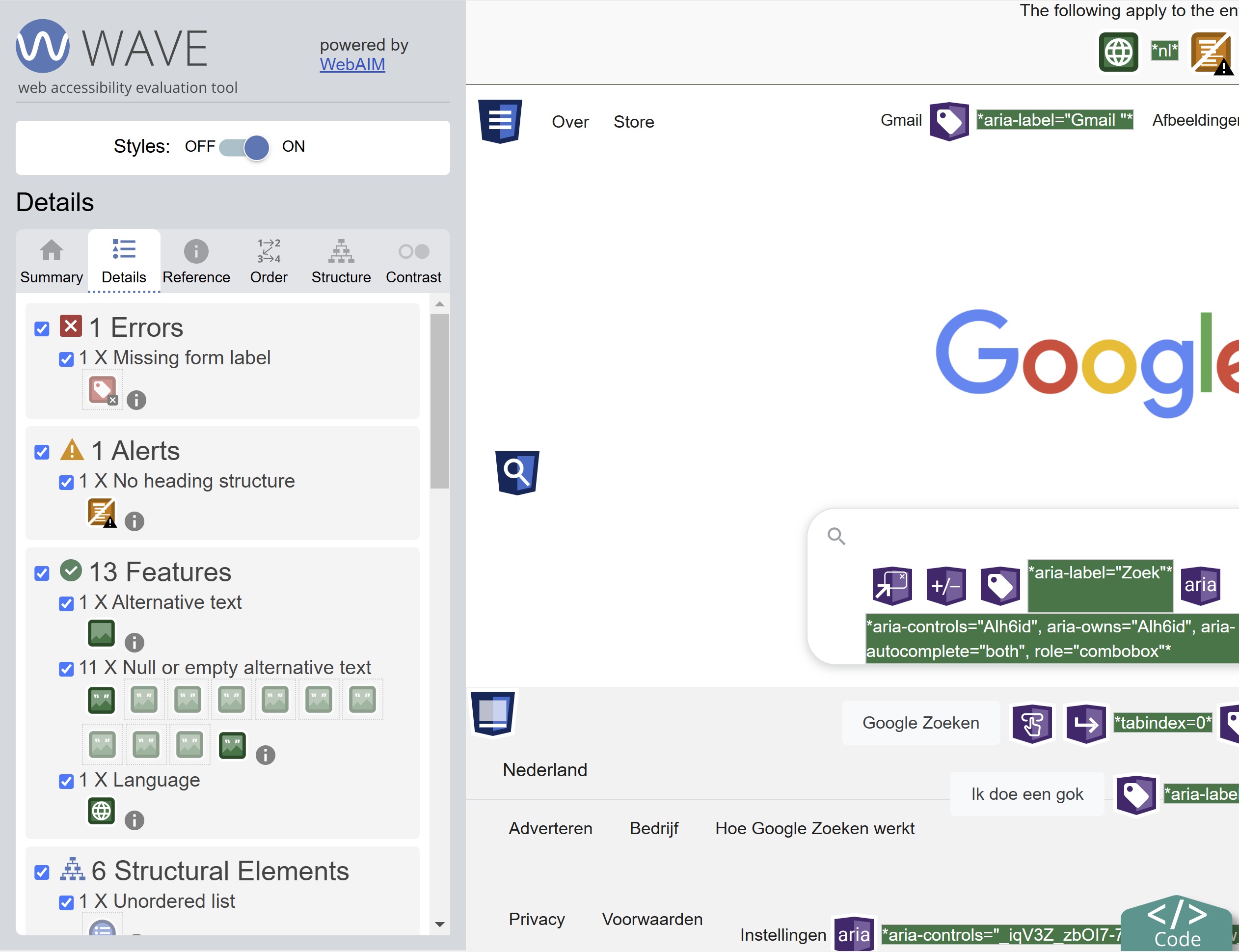 WAVE Devtools - Accessibility audit panel